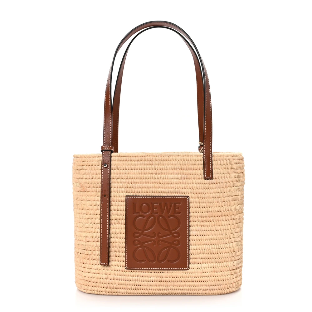Lushentic Loewe Square Basket Tote Bag Small NaturalPecan Raffia & Calfskin Leather Front