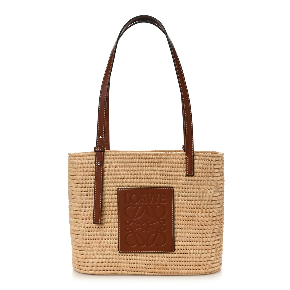 Lushentic Loewe Square Basket Tote Bag Small NaturalTan Raffia & Calfskin Leather Front
