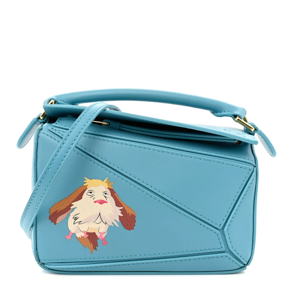 Lushentic Loewe x Howls Heen Puzzle Bag Mini Light Blue Satin & Calfskin Leather Front