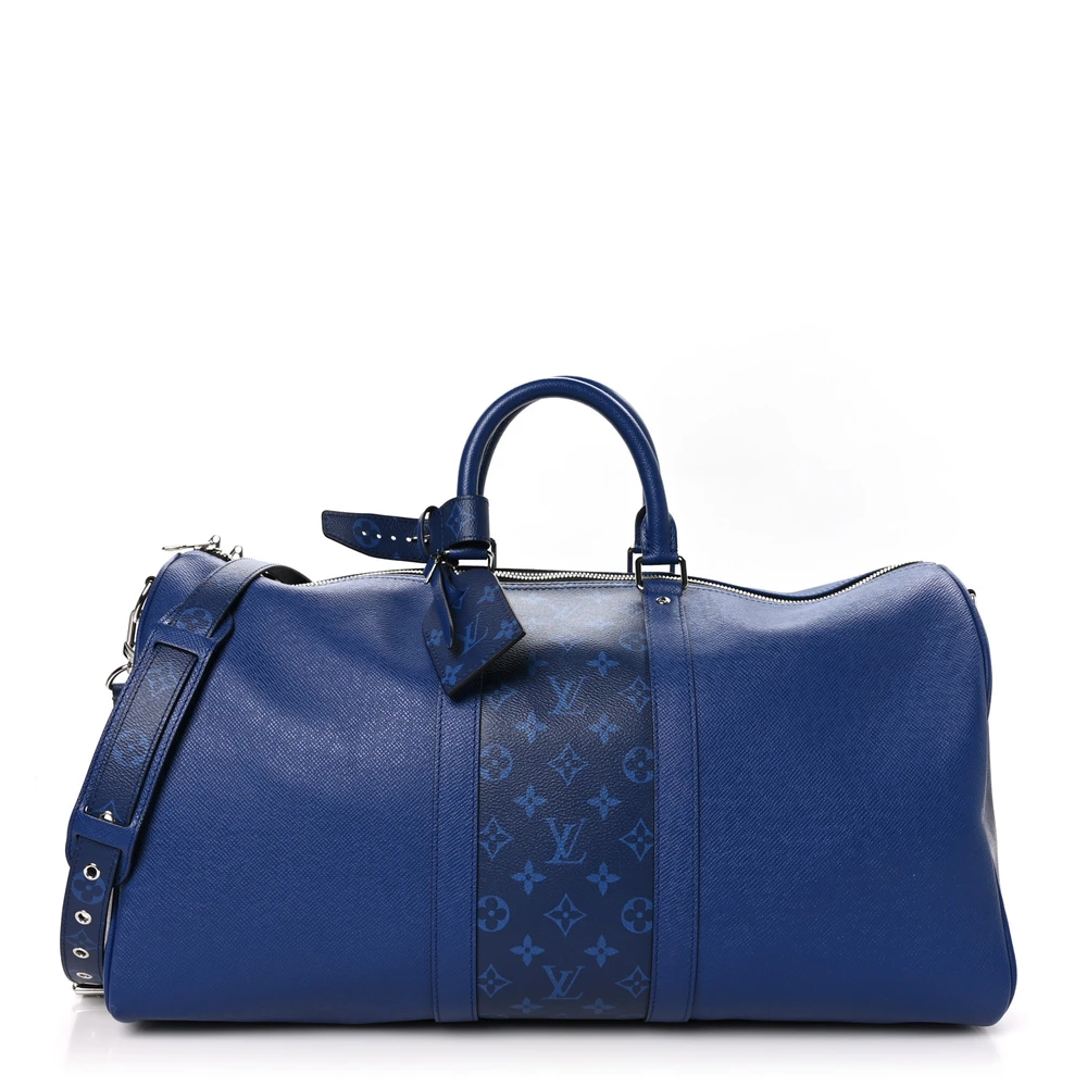 Lushentic Louis Vuitton Keepall Bandouliere 50 Pacific Blue Taiga Leather & Monogram Eclipse Canvas Silver Hardware Front