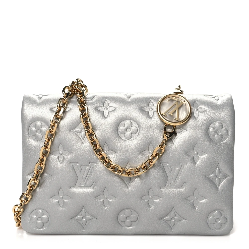 Lushentic Louis Vuitton Pochette Coussin Metallic Silver Embossed Monogram Lambskin Leather Gold Hardware Front