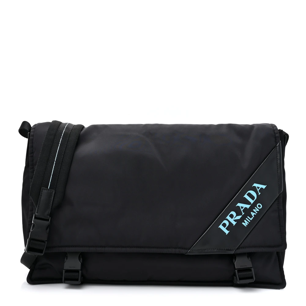 Lushentic Designer Medium Logo Messenger Bag in Black Nylon & Leather