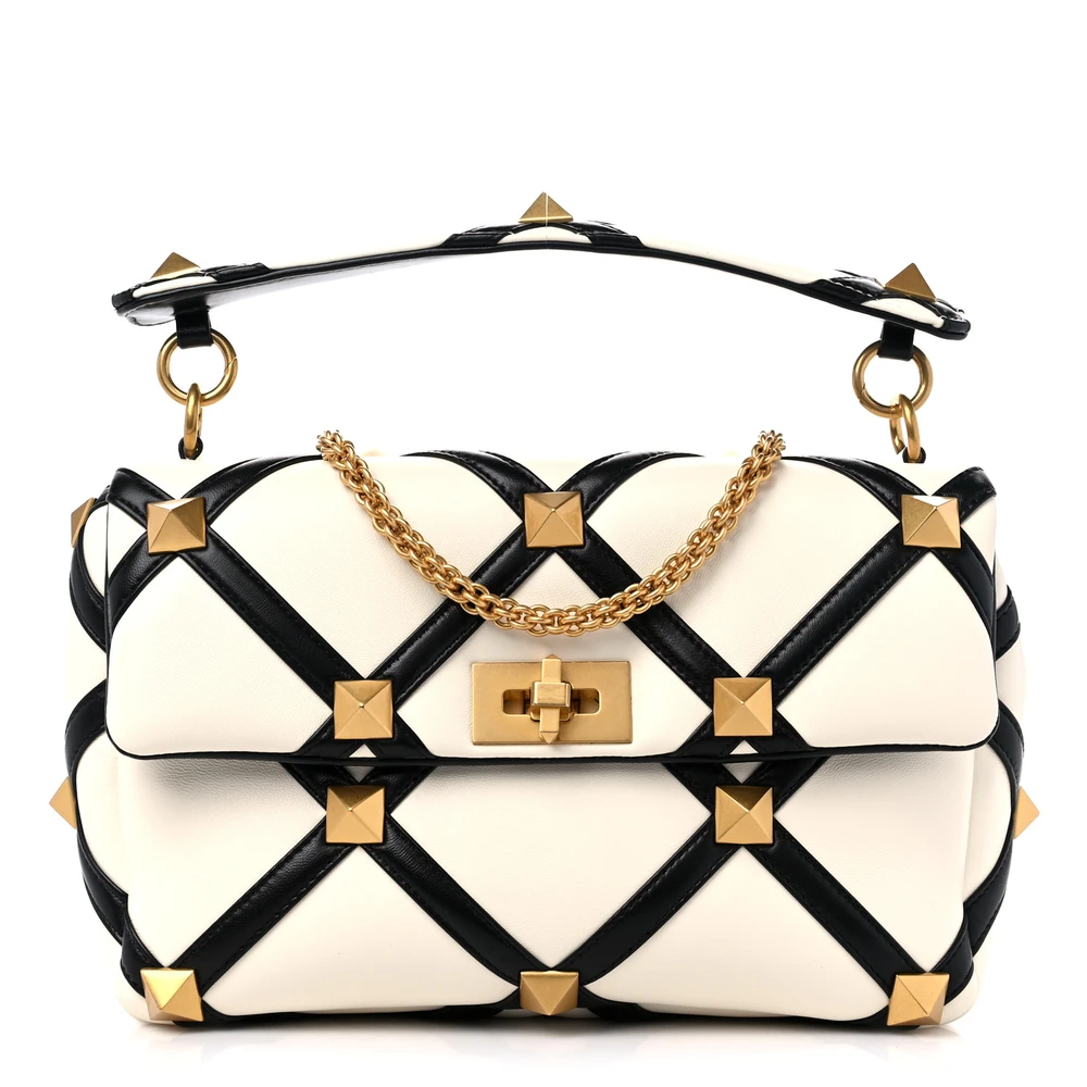 Lushentic Handbags Large Roman Stud Shoulder Bag in Ivory & Black