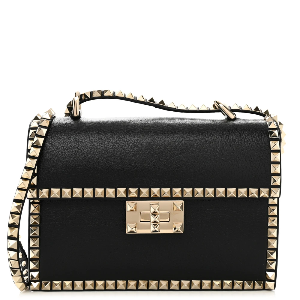 Lushentic Designer Medium Rockstud Shoulder Bag - Black Vitello Leather
