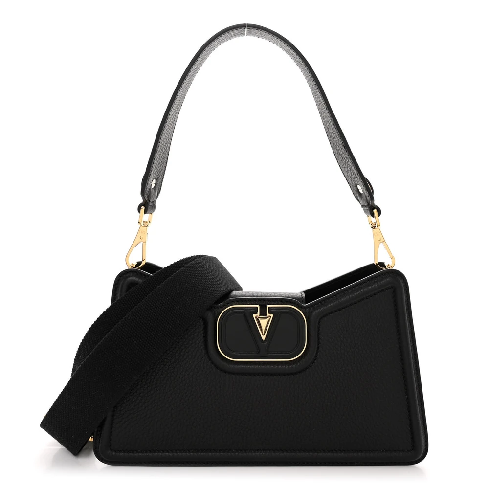 Lushentic Replica Medium VLogo Signature Shoulder Bag Black Grainy Calfskin