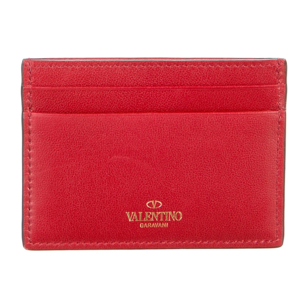 Lushentic Valentino Small Rockstud Accents Card Holder Red Calfskin Leather Silver Hardware