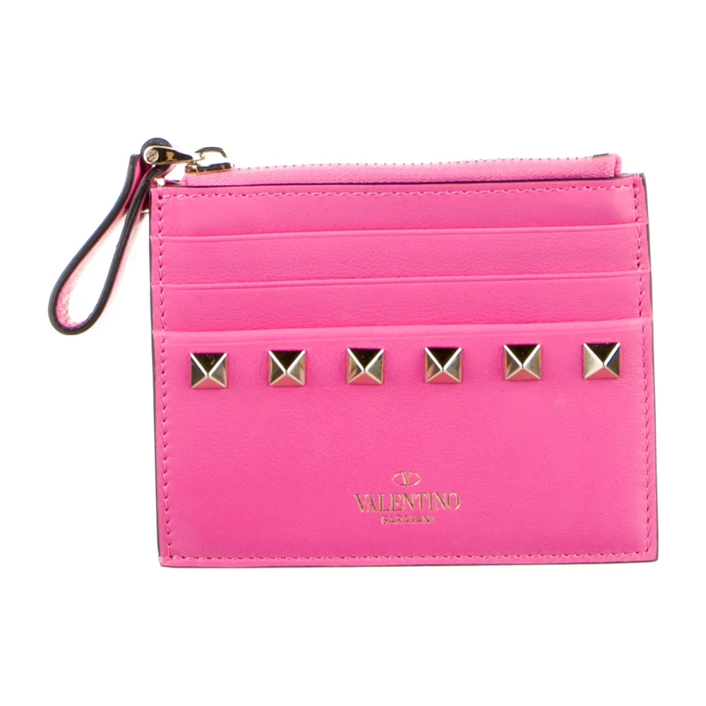 Lushentic Valentino Small Rockstud Accents Wallet Pink Leather Gold Hardware